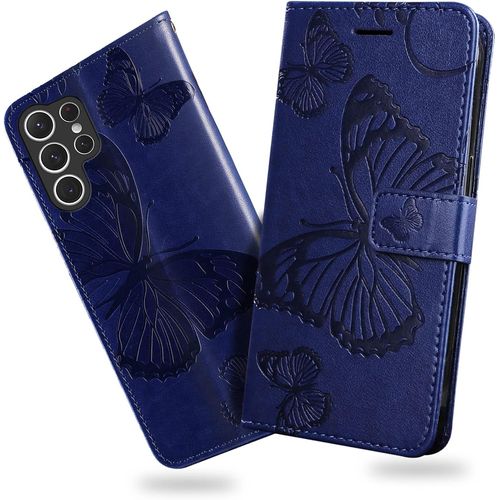Kal-Coque Pour Galaxy S23 Ultra, Papillon Imprimé Housse En Cuir Pu Magnétique Portefeuille, Étui À Rabat Pour Samsung Galaxy S23 Ultra, Bleu