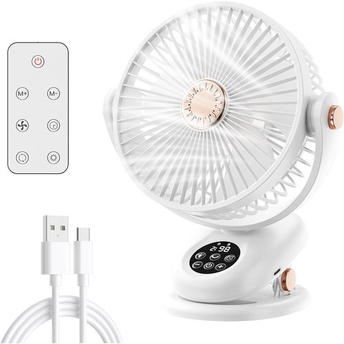 Ventilateur Pince De Usb Silencieux Petit Ventilateur De Bureau Table Ventilo Rechargeable Vitesses Portable Avec Télécommande, Écran Led + Éclairage Pour Bureau/Maison/Voyage[VEN750371]
