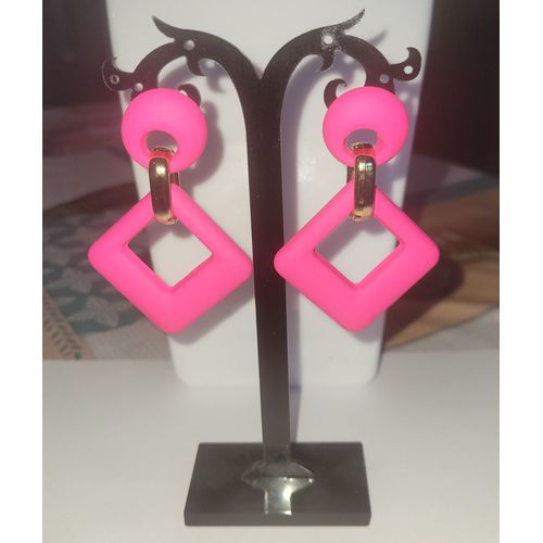 Boucles D'oreilles Geometrique Losange Rose Fluo Soiree Fetes Annee 80 !