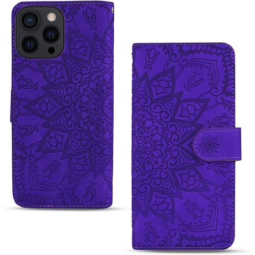 Kal-Coque Pour Iphone 16 Pro Premium Pu Cuir Housse Avec Fermeture Magnétique Stand Fonction Flip Cover Mandala Gaufrage Iphone 16 Pro 6.3" 2024 - Violet