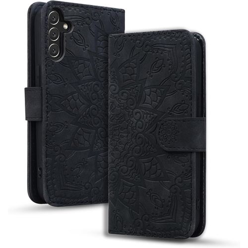 Kal-Coque Pour Samsung Galaxy S24 Premium Pu Cuir Housse Avec Fermeture Magnétique Stand Fonction Flip Cover Mandala Gaufrage Samsung Galaxy S24 - Noir