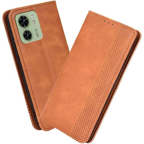 Kal-Housse Pour Telephone Motorola Edge 40 5g Etui, Pu/Tpu Retourner Cuir Coque Magnétique Portefeuille, Marron