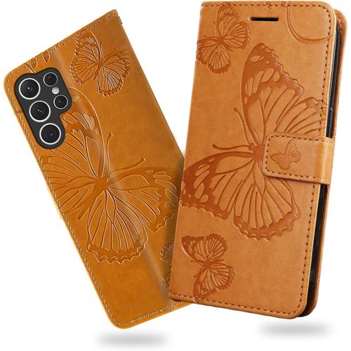 Kal-Coque Pour Galaxy S23 Ultra, Papillon Imprimé Housse En Cuir Pu Magnétique Portefeuille, Étui À Rabat Pour Samsung Galaxy S23 Ultra, Jaune