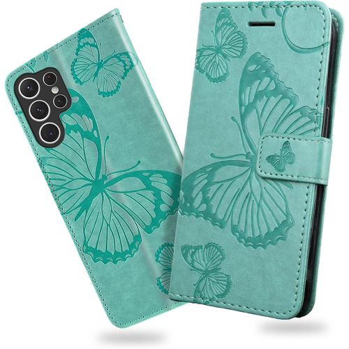 Kal-Coque Pour Galaxy S23 Ultra, Papillon Imprimé Housse En Cuir Pu Magnétique Portefeuille, Étui À Rabat Pour Samsung Galaxy S23 Ultra, Vert
