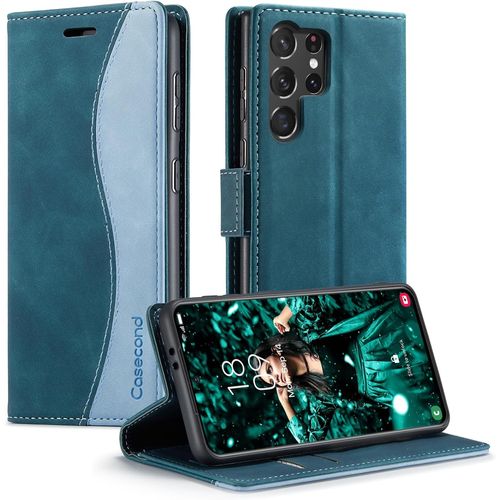 Kal-Coque Pour Samsung Galaxy S23 Ultra 5g Housse En Cuir Avec Magnetique Etui Rfid Blocage Protection Pochette Porte Cartes Portefeuille Mince Wallet Case Femmes Hommes - Bleu Vert
