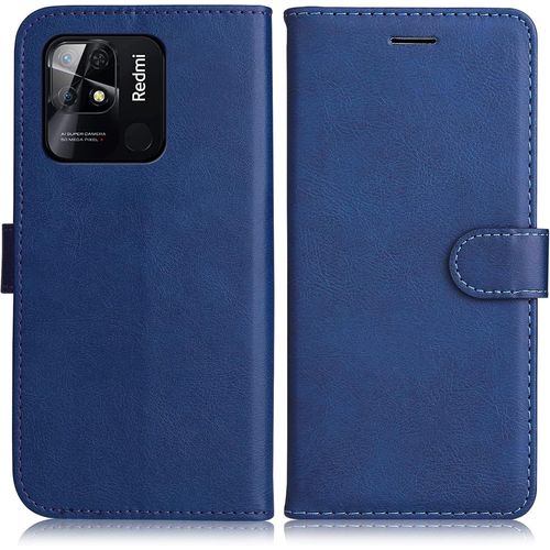 Kal-Coque Pour Xiaomi Redmi 10c, Pu En Cuir Coque Portefeuille Étui Housse, Design Classique Tpu Coque Pour Xiaomi Redmi 10c, Bleu Marin