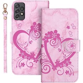 Kal-Etui Coque Pour Samsung Galaxy A53 5g (6.5 Pouces),Protection Housse En Marbre Fleurs Motif Pu Cuir Antichoc Tpu Etui Portefeuille Avec [Béquille] [Fentes Pour Cartes],Rose