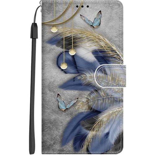 Kal-Coque Pour Samsung Galaxy A15 5g / 4g Protection Pochette Housse Motif Pu Étui En Cuir Portefeuille Flip Case Magnétique Etui À Rabat Antichoc Fente Carte Support Cover, Plume Bleu