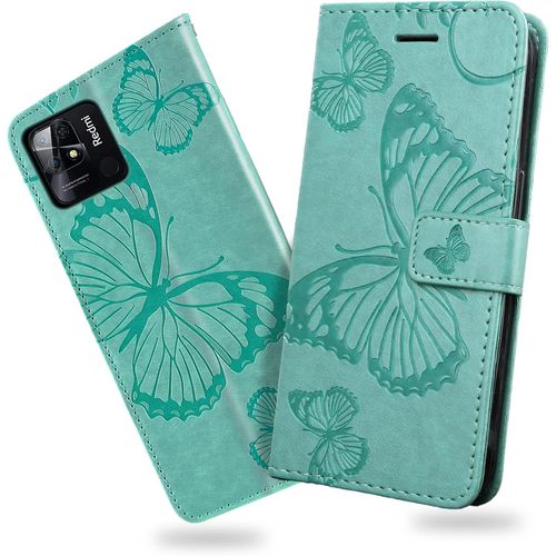 Kal-Coque Pour Xiaomi Redmi 10c, Papillon Imprimé Housse En Cuir Pu Magnétique Portefeuille, Étui À Rabat Pour Xiaomi Redmi 10c, Vert