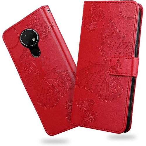 Kal-Coque Pour Nokia 7.2 / Nokia 6.2, Papillon Imprimé Housse En Cuir Pu Magnétique Portefeuille, Étui À Rabat Pour Nokia 7.2 / Nokia 6.2, Rouge
