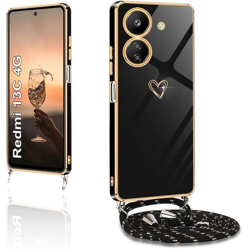 Kal-Coque Pour Xiaomi Redmi 13c 4g Avec Cordon De Collier,Coque Avec Collier Housse Silicone Avec Motif Coeur D'amour Mignon Étui Antichoc Avec Cordon Réglable Cover Pour Xiaomi Redmi 13c 4g,Noir