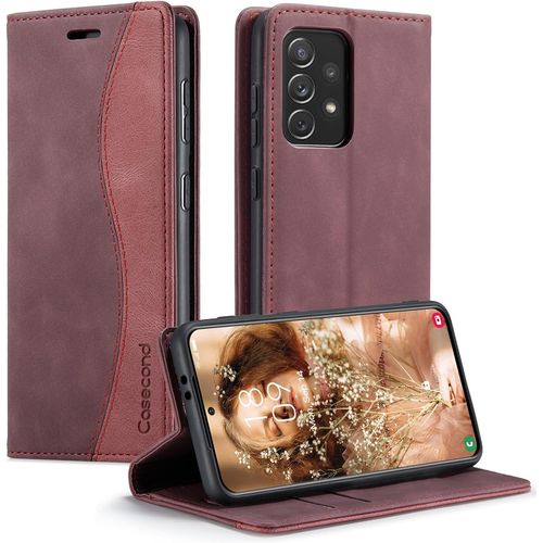 Kal-Coque Pour Samsung Galaxy A54 5g Housse En Cuir Avec Magnetique Etui Rfid Blocage Protection Pochette Porte Cartes Portefeuille Mince Wallet Case Femmes Hommes - Vin Rouge Et Rouge
