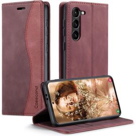 Kal-Coque Pour Samsung Galaxy S23 5g Housse En Cuir Avec Magnetique Etui Rfid Blocage Protection Pochette Porte Cartes Portefeuille Mince Wallet Case Femmes Hommes - Vin Rouge Et Rouge