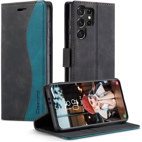 Kal-Coque Pour Samsung Galaxy S23 Ultra 5g Housse En Cuir Avec Magnetique Etui Rfid Blocage Protection Pochette Porte Cartes Portefeuille Mince Wallet Case Femmes Hommes - Noir Et Sarcelle