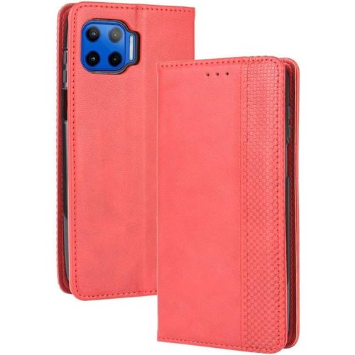 Kal-Housse Pour Telephone Motorola Moto G 5g Plus Etui, Pu/Tpu Retourner Cuir Coque Magnétique Portefeuille, Rouge