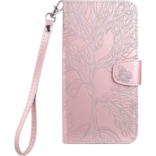 Kal-Coque Pour Xiaomi Redmi 10c, Arbre De Vie Papillon Motif Housse Case En Cuir Synthétique Cover À Rabat, Portefeuille Étui De Protection Avec Fentes Pour Cartes, Or Rose