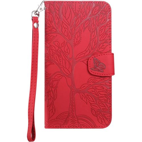 Kal-Coque Pour Xiaomi Redmi 10c, Arbre De Vie Papillon Motif Housse Case En Cuir Synthétique Cover À Rabat, Portefeuille Étui De Protection Avec Fentes Pour Cartes, Rouge
