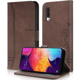 Kal-Coque Pour Samsung Galaxy A50 - Design Pu Portefeuille Etui Protection Galaxy A50 Fentes Cartes Antichoc Support Cover Magnétique Case Pour Samsung A50 (Brun)
