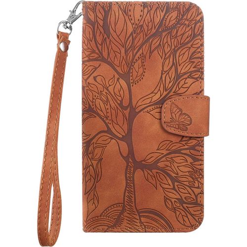 Kal-Coque Pour Xiaomi Redmi 10c, Arbre De Vie Papillon Motif Housse Case En Cuir Synthétique Cover À Rabat, Portefeuille Étui De Protection Avec Fentes Pour Cartes, Brun