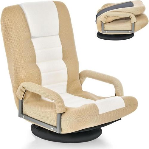 Costway Fauteuil Relax De Sol Pliable, Base Pivotante À 360°, Dossier Réglable Sur 6 Positions, Charge Max 140 Kg Beige