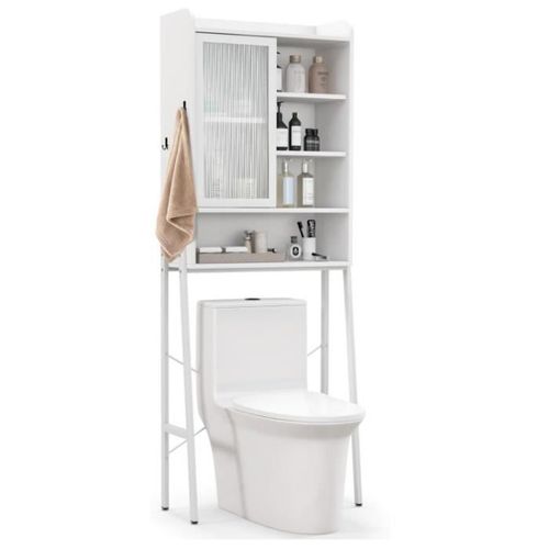 Costway Meuble Wc Au-Dessus De Toilettes Avec Porte Vitrée Coulissante, Cadre En Métal, Étagères Réglables, 63 X 29 X 170 Cm, Blanc