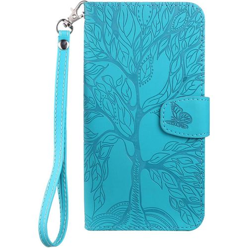 Kal-Coque Pour Xiaomi Redmi 10c, Arbre De Vie Papillon Motif Housse En Cuir Synthétique Cover À Rabat, Portefeuille Étui De Protection Avec Fentes Pour Cartes, Bleu Vert