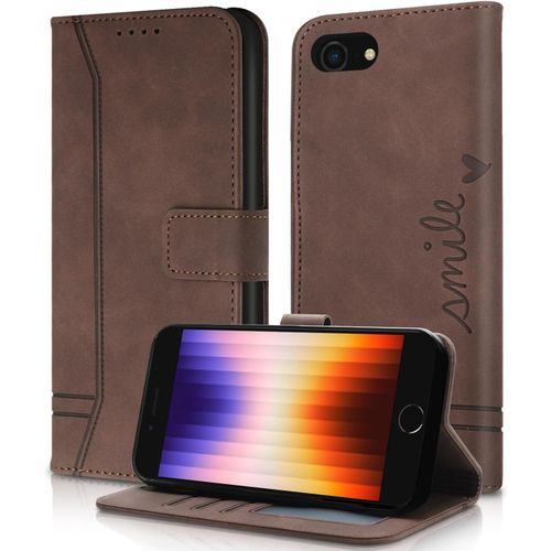 Kal-Coque Pour Iphone Se 2022 5g/Se 2020/6/6s/7/8, Pu Portefeuille Rabat Coque Iphone 8, Fentes Cartes Antichoc Support Cover Magnétique Protection Flip Case Compatible Avec Iphone Se (Brun)