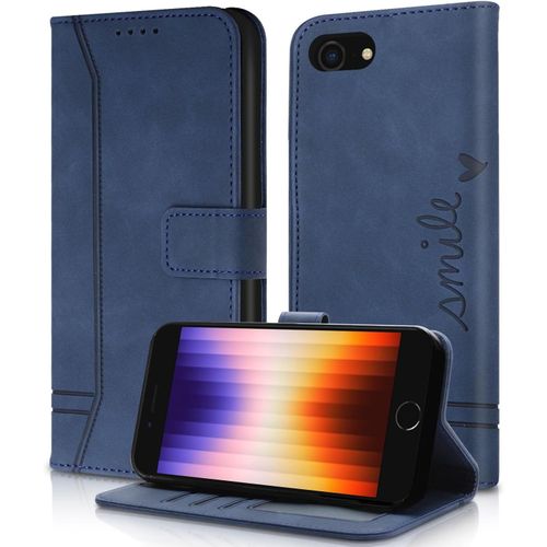 Kal-Coque Pour Iphone Se 2022 5g/Se 2020/6/6s/7/8, Pu Portefeuille Rabat Coque Iphone 8, Fentes Cartes Antichoc Support Cover Magnétique Protection Flip Case Compatible Avec Iphone Se (Bleu)