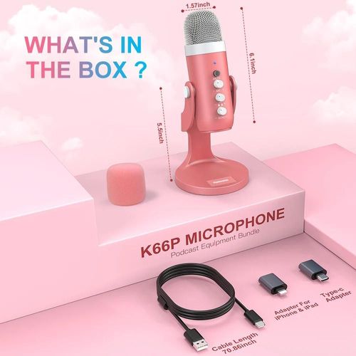 Haomuren-Microphone à condensateur USB, rose, studio, statique, pour PC, Mac, ordinateur, téléphone, jeux, streaming, podcasting, ordinateur portable, bureau (Rose)