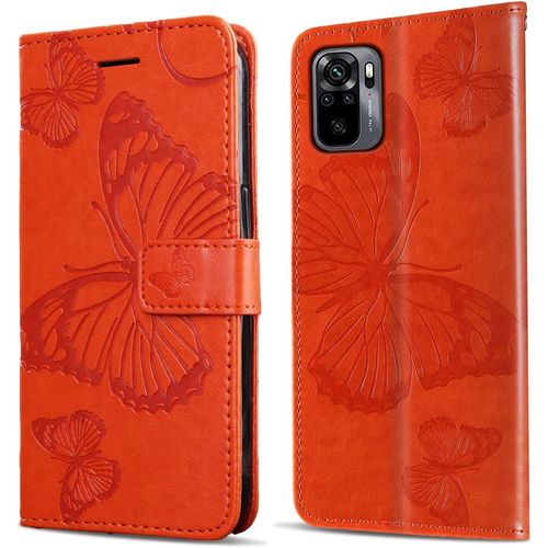 Kal-Coque Pour Xiaomi Redmi Note 10 4g / Redmi Note 10s, Papillon Imprimé Housse En Cuir Pu Magnétique Portefeuille, Étui À Rabat Pour Xiaomi Redmi Note 10 4g / Redmi Note 10s, Orange