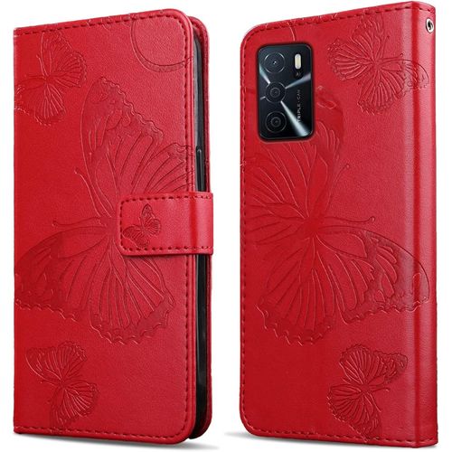 Kal-Coque Pour Oppo A16 4g / Oppo A16s / Oppo A54s, Papillon Imprimé Housse En Cuir Pu Magnétique Portefeuille, Étui À Rabat Pour Oppo A16 4g / Oppo A16s / Oppo A54s, Rouge