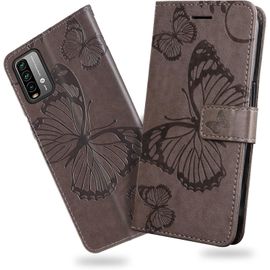 Kal-Coque Pour Xiaomi Redmi 9t / Xiaomi Poco M3, Papillon Imprimé Housse En Cuir Pu Magnétique Portefeuille, Étui À Rabat Pour Xiaomi Redmi 9t / Xiaomi Poco M3, Gris