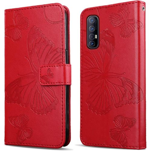 Kal-Coque Pour Oppo Find X2 Neo/Oppo Reno 3 Pro 5g, Papillon Imprimé Housse En Cuir Pu Magnétique Portefeuille, Étui À Rabat Pour Oppo Find X2 Neo/Oppo Reno 3 Pro 5g, Rouge