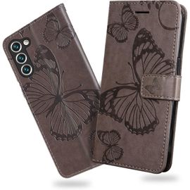 Kal-Coque Pour Galaxy S23, Papillon Imprimé Housse En Cuir Pu Magnétique Portefeuille, Étui À Rabat Pour Samsung Galaxy S23, Gris