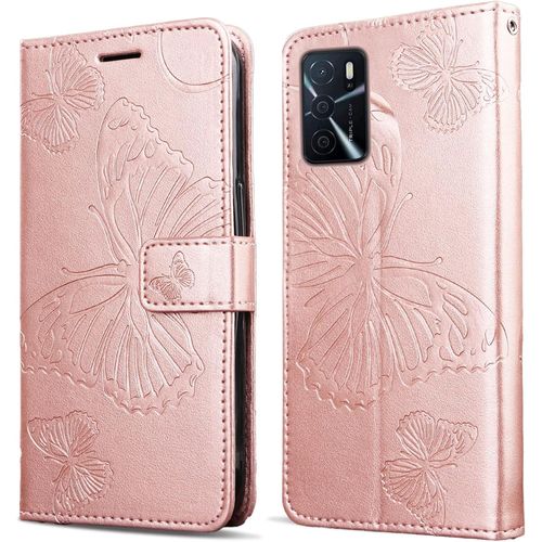 Kal-Coque Pour Oppo A16 4g / Oppo A16s / Oppo A54s, Papillon Imprimé Housse En Cuir Pu Magnétique Portefeuille, Étui À Rabat Pour Oppo A16 4g / Oppo A16s / Oppo A54s, Or Rose