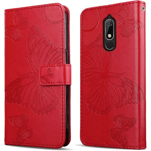 Kal-Coque Pour Nokia 5.1, Papillon Imprimé Housse En Cuir Pu Magnétique Portefeuille, Étui À Rabat Pour Nokia 5.1, Rouge