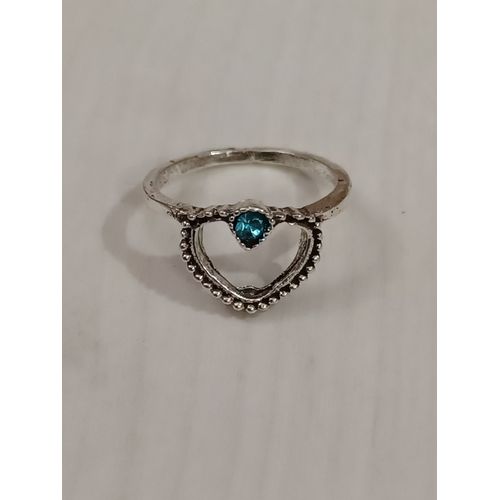 Bague Métal Argenté,Coeur Et Strass Bleu,Taille 16.56 Mm
