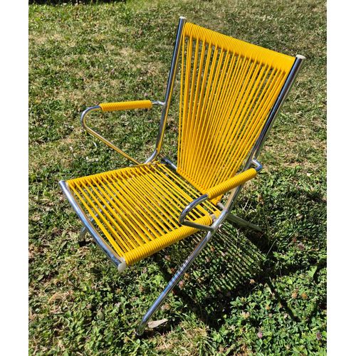 Chaise Scoubidou Enfant Vintage Structure Métal Chromé Et Assise Jaune Pliante Année 60/70