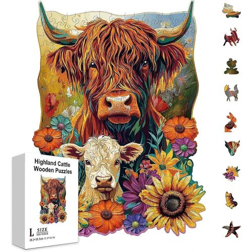Puzzles en bois pour adultes, 300 pièces, motif bétail des Highlands, puzzles colorés et uniques en forme d'animaux pour les fêtes et les anniversaires