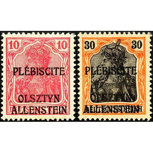 Allemagne, Anciens Territoires 1920, Beaux Timbres Neufs* Yvert 2 Et 6, Types Germania 10pf. Rouge Et 30pf. Orange Et Noir Surchargés "Plebiscite Olsztyn Allenstein".