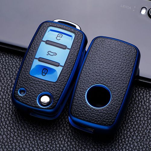 Étui en cuir TPU pour clé de voiture,housse de Protection complète pour clé de voiture,pour VW Volkswagen Polo Tiguan Passat Golf Jetta Lavida Octavia - Type Blue