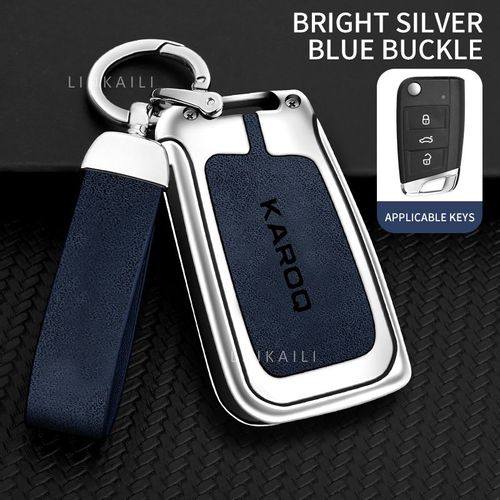 Étui à clés de voiture en cuir de haute qualité,coque en alliage,accessoires automobiles,adapté pour KAROQ,2023,2022,2021,2020,2019,2018 - Type silver blue