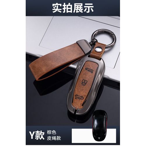 Étui pour clé de voiture en alliage de Zinc et cuir,support de couverture pour Tesla modèle 3 modèle S modèle Y modèle X,porte-clés de protection,accessoires d'intérieur - Type Model S 3 Y brown