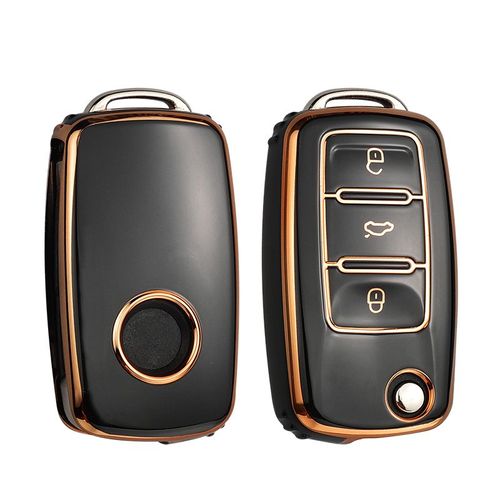 Étui en cuir TPU pour clé de voiture,housse de Protection complète pour clé de voiture,pour VW Volkswagen Polo Tiguan Passat Golf Jetta Lavida Octavia - Type Gold Black #A