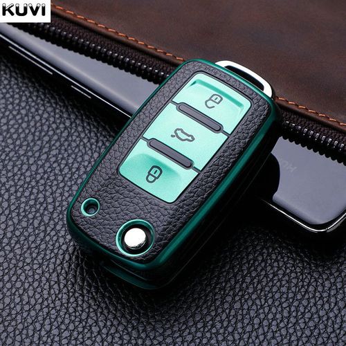 Étui en cuir TPU pour clé de voiture,housse de Protection complète pour clé de voiture,pour VW Volkswagen Polo Tiguan Passat Golf Jetta Lavida Octavia - Type Green #A