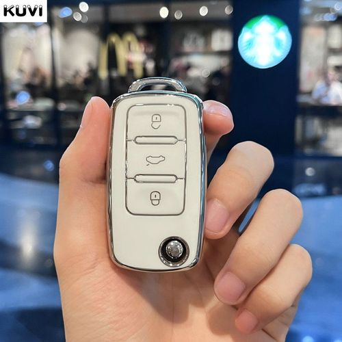 Étui en cuir TPU pour clé de voiture,housse de Protection complète pour clé de voiture,pour VW Volkswagen Polo Tiguan Passat Golf Jetta Lavida Octavia - Type Silver White #B