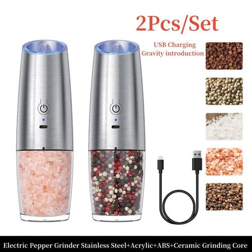 Moulin à sel et à poivre électrique à induction par gravité,chargement USB,shakers à épices,outil de cuisine,ensemble de moulin à poivre,bouteille d'assaisonnement - Type 2Pcs Stainless steel