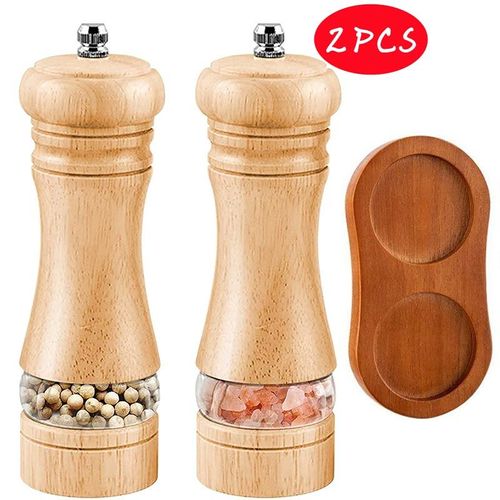 Ensemble de Broyeur à Sel et Belle en Bois Massif,6 Amans,Bouteille d'Assaisonnement,Fraîcheur Manuel,Noyau en Céramique - Type 2pc With Base #A