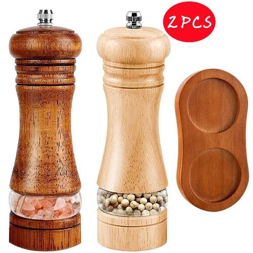 Ensemble de Broyeur à Sel et Belle en Bois Massif,6 Amans,Bouteille d'Assaisonnement,Fraîcheur Manuel,Noyau en Céramique - Type 2pc With Base #B