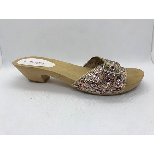 Mules Sabots Bois Clair Massif Pointure 39 Petits Talons Les Tropéziennes Par M Belarbi Rose Paillettes Relief Strass 